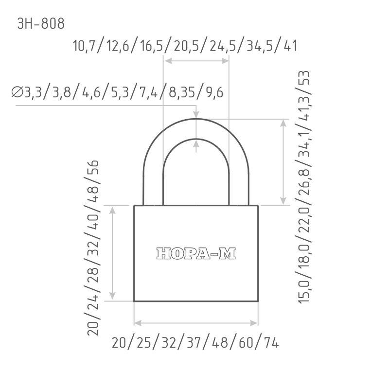 Схема Замок навесной ЗН-808 цвет Серебро Нора-М