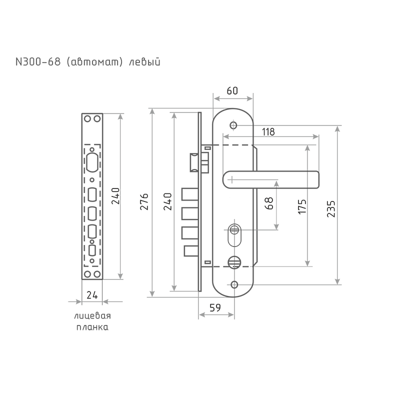 Схема Замок врезной для китайских дверей 300-68 (левый) автомат. цвет Матовый никель/черный никель Нора-М