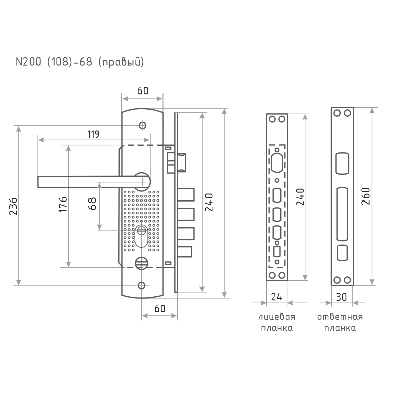 Схема Замок врезной для китайских дверей 200(108) (правый) цвет Матовый никель Нора-М
