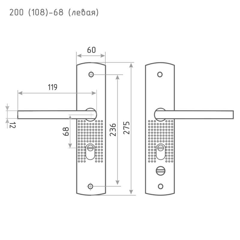 Схема Ручка на планке для китайских дверей 200(108) (левая) цвет Матовый никель Нора-М