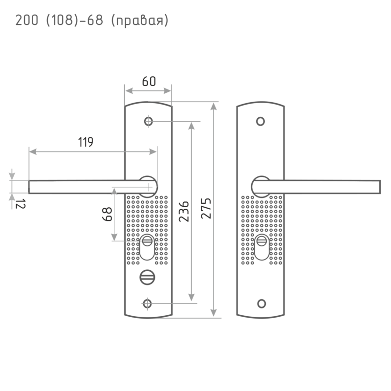 Схема Ручка на планке для китайских дверей 200(108) (правая) цвет Матовый никель Нора-М