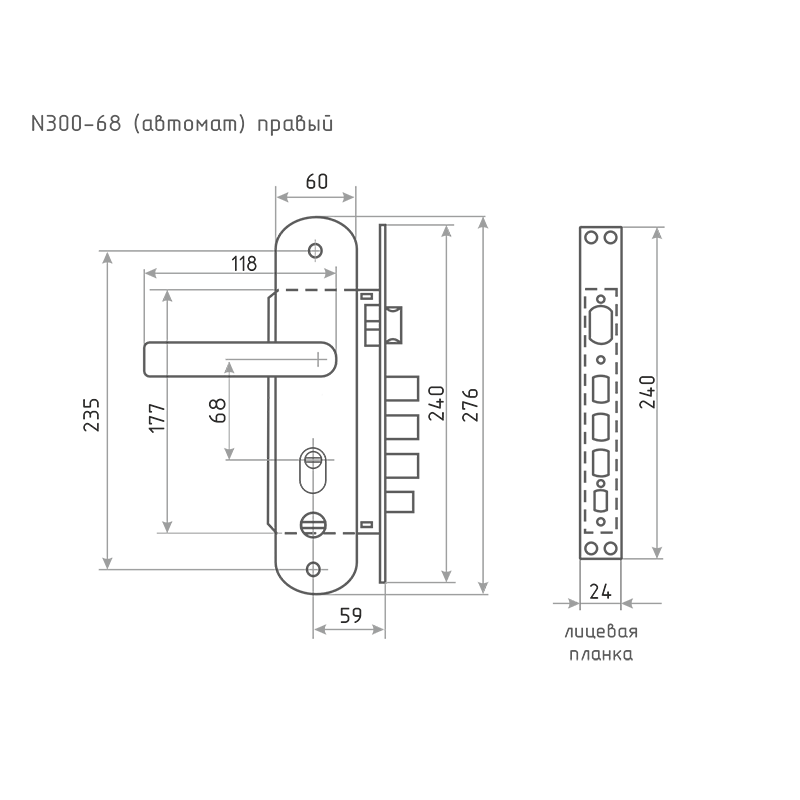 Схема Замок врезной для китайских дверей 300-68 (правый) автомат. цвет Матовый никель/черный никель Нора-М