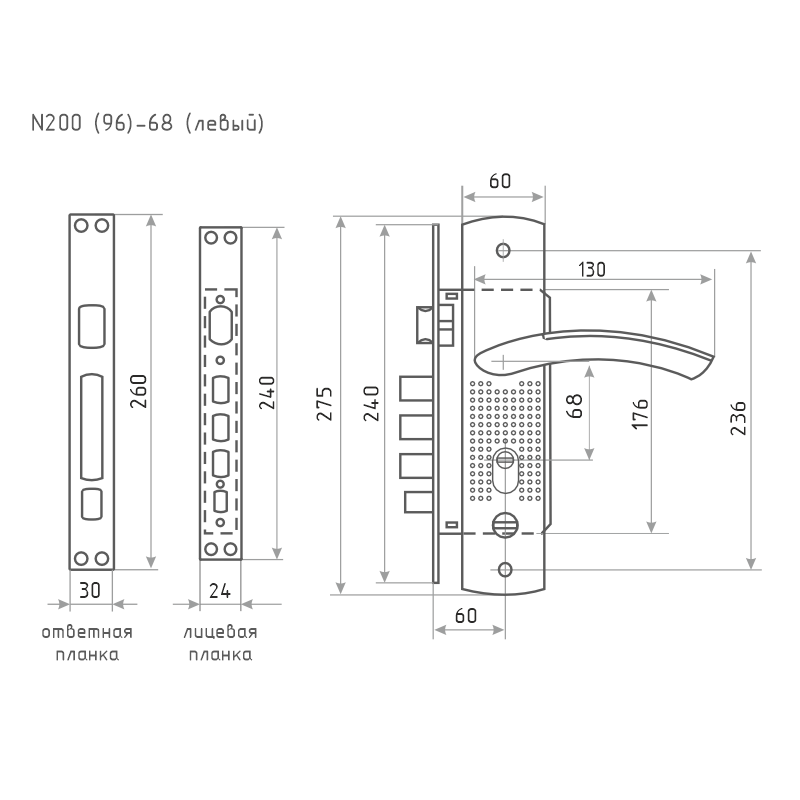 Схема Замок врезной для китайских дверей 200(96) (левый) цвет Матовый никель Нора-М