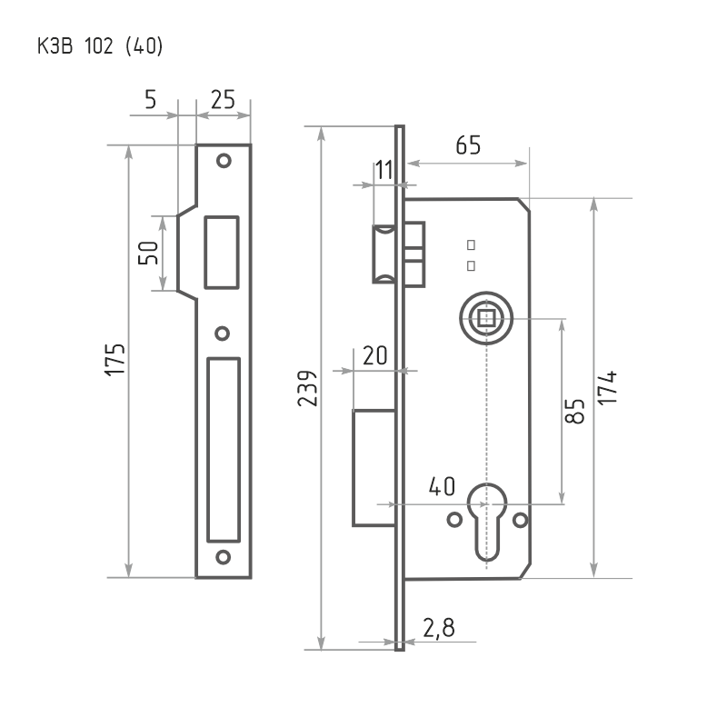 Схема Корпус замка врезного КЗВ-102 (40мм) цвет Полированная латунь Нора-М
