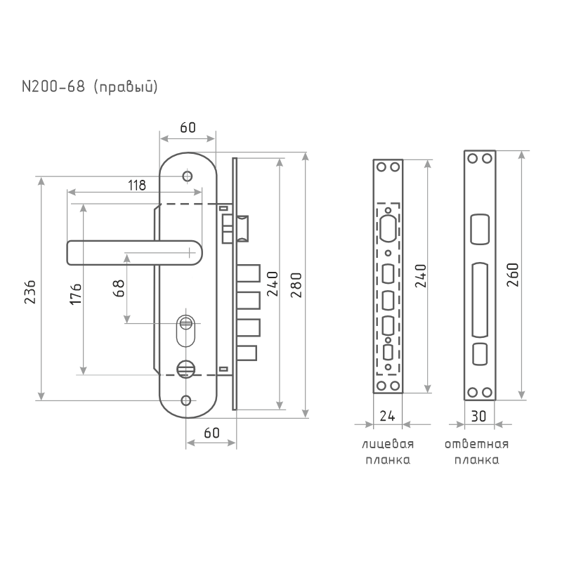 Схема Замок врезной для китайских дверей 200-68 (правый) цвет Матовый никель/черный никель Нора-М
