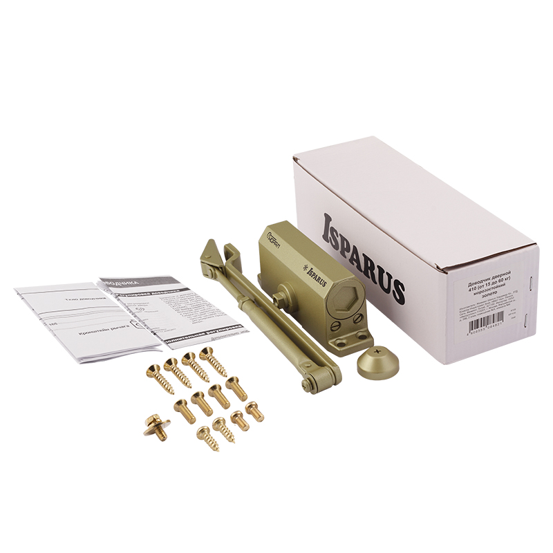 Комплектация и упаковка Доводчик дверной 410 ISPARUS от 15 до 60 кг цвет Золото Нора-М