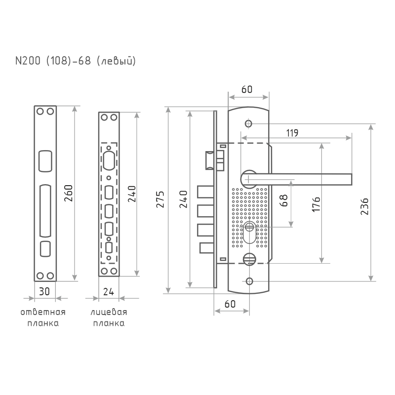 Схема Замок врезной для китайских дверей 200(108) (левый) цвет Матовый никель Нора-М