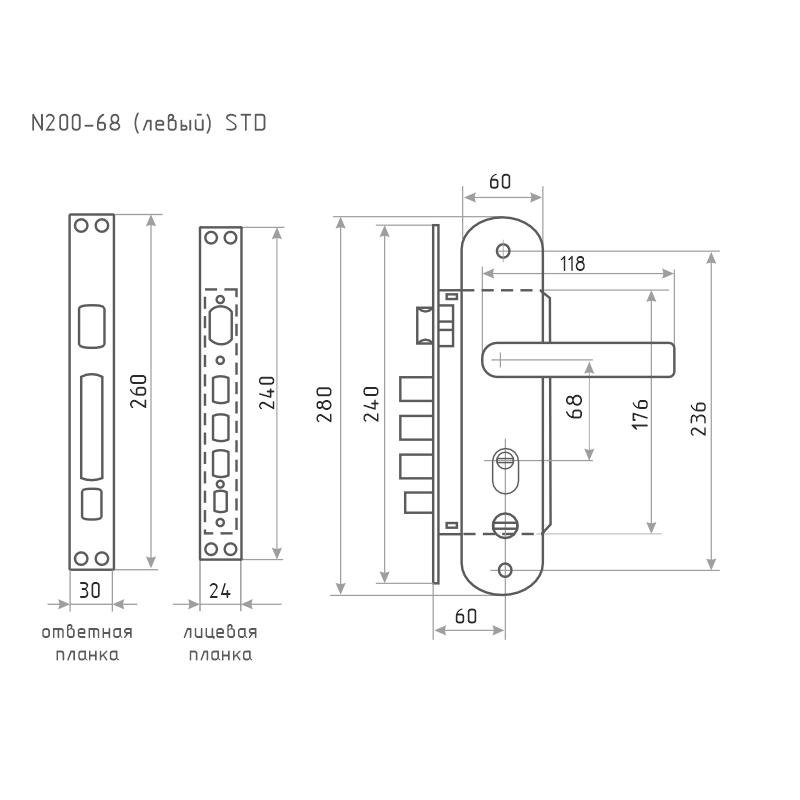 Схема Замок врезной для китайских дверей 200-68 STD левый цвет Матовый хром/черный никель Нора-М