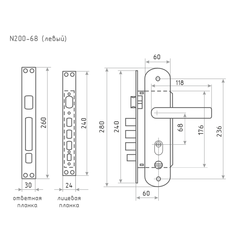 Схема Замок врезной для китайских дверей 200-68 (левый) цвет Матовый никель/черный никель Нора-М