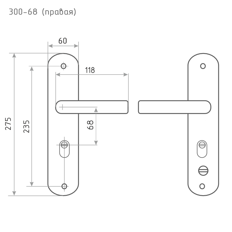 Схема Ручка на планке для китайских дверей 300-68 мм (правая) автомат. цвет Матовый никель/черный никель Нора-М