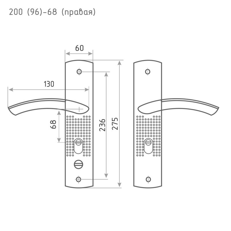 Схема Ручка на планке для китайских дверей 200(96) (правая) цвет Матовый никель Нора-М