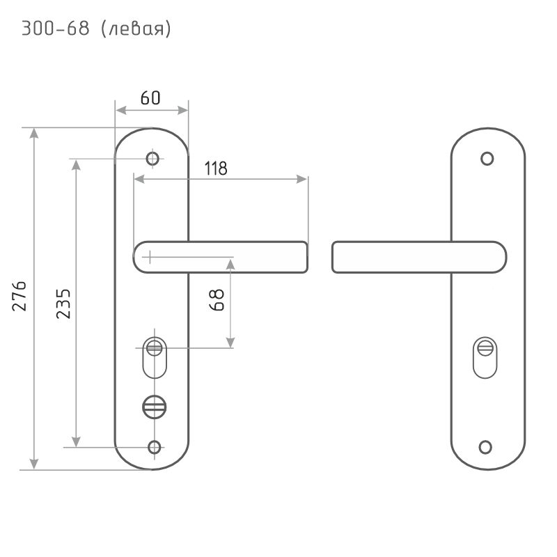 Схема Ручка на планке для китайских дверей 300-68 мм (левая) автомат. цвет Матовый никель/черный никель Нора-М