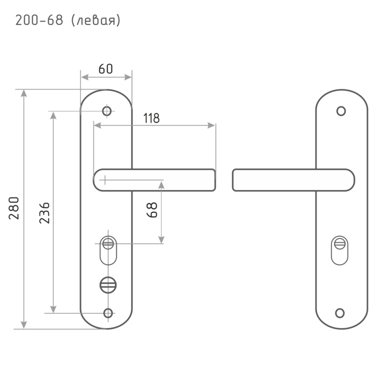 Схема Ручка на планке для китайских дверей 200-68 мм (левая) цвет Матовый никель/черный никель Нора-М
