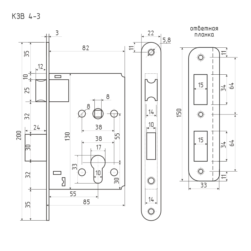 Схема Корпус замка врезного КЗВ 4-3 цвет Золото Нора-М