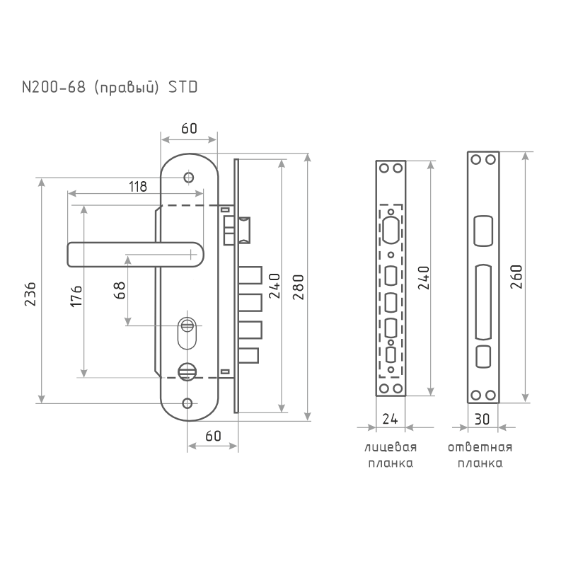 Схема Замок врезной для китайских дверей 200-68 STD правый цвет Матовый хром/черный никель Нора-М